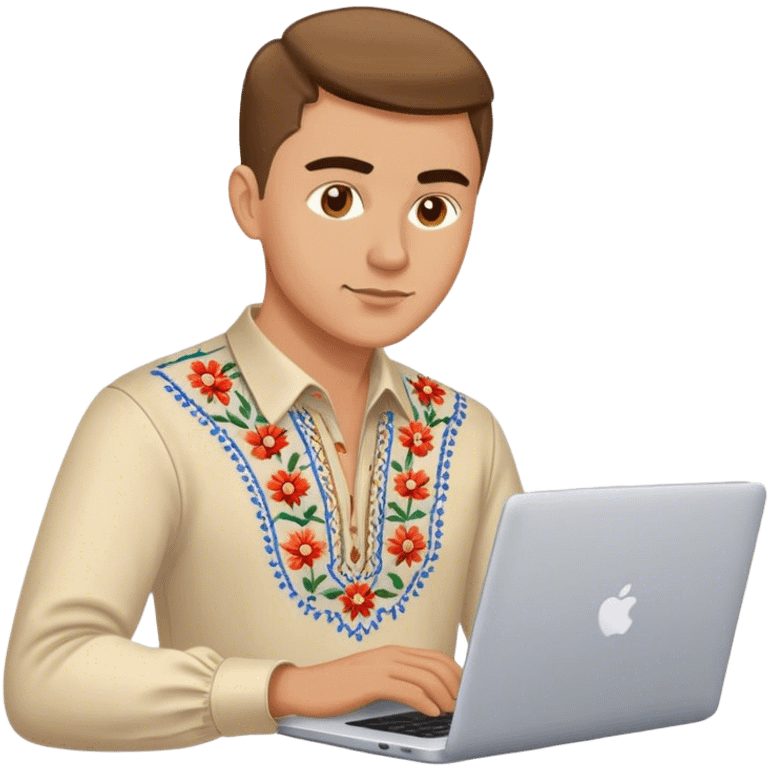 A Ukrainian guy in an embroidered shirt works at his laptop emoji