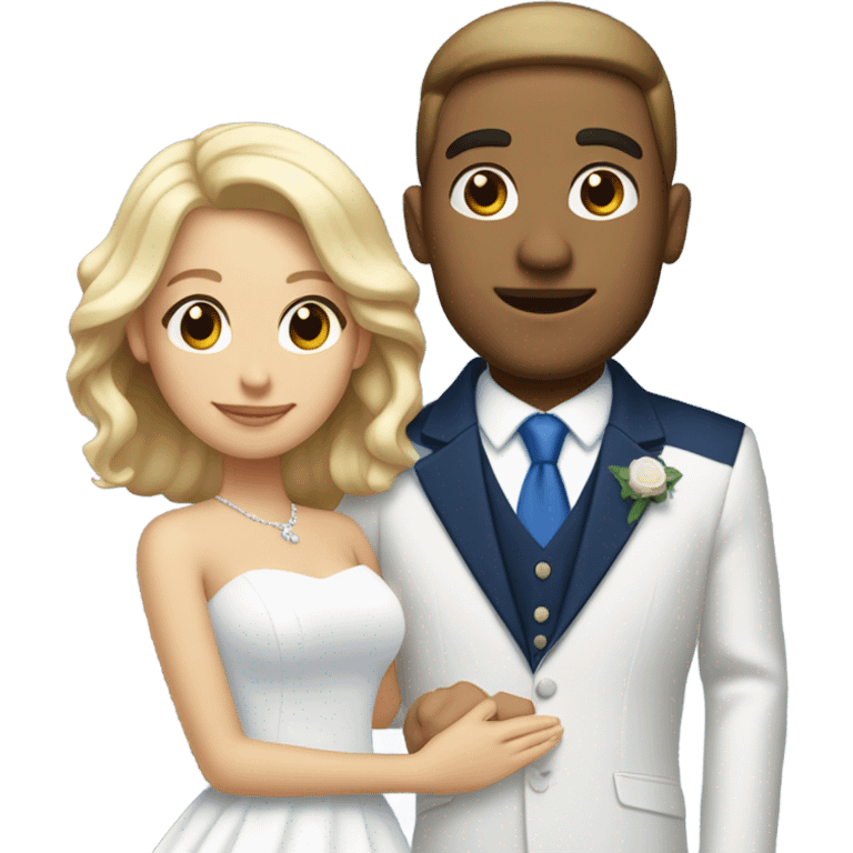 Puerto rican beard short hair with blue hat and navy blue suit getting Married with blond long hair girl with white  wedding dress  emoji