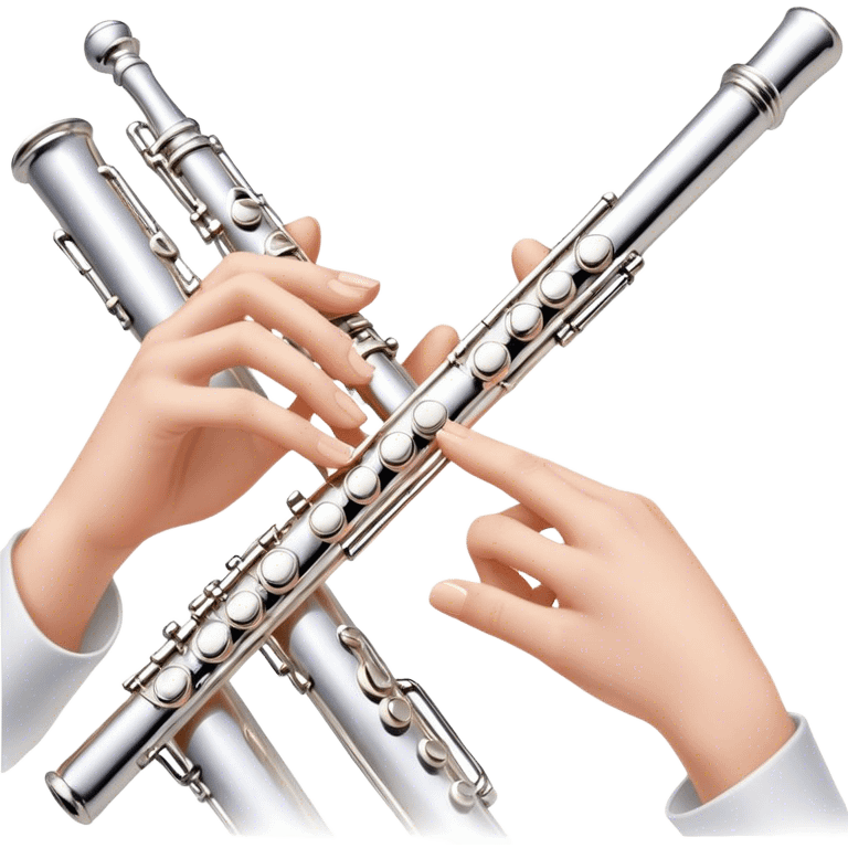 Cinematic Realistic Flute, polished silver metal with precise keywork, soft reflections of warm light dancing along its length, a musician’s delicate fingers pressing the keys, glowing with a sleek and elegant charm. emoji