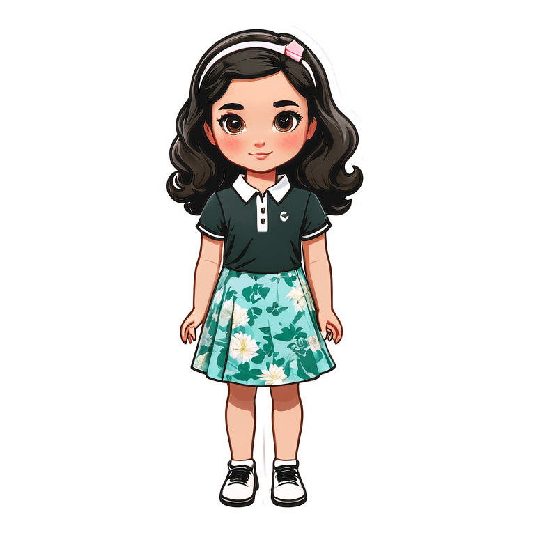  one  girl with short straight black hair and pale skin with golf clothes on, one American girl with long curly dirty blond hair and a floral dress on.   emoji