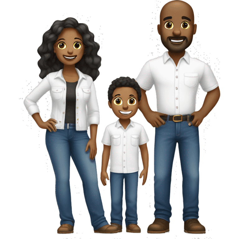 denim duo in white shirts for African American man  bold head and wife with 3 kids boy 10 years and girl 6 years and boy 1.5 years  emoji