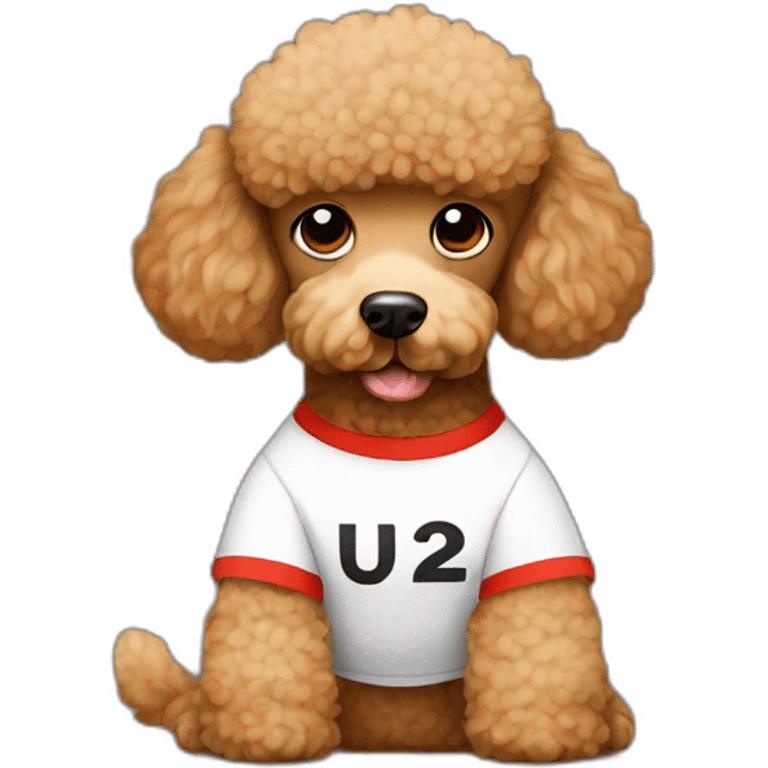 Light brown poodle seated and wearing a t-shirt with the text U2 emoji