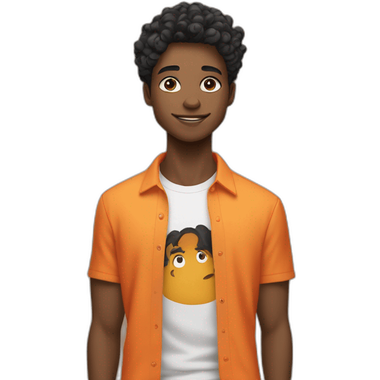 Black light skinned teen with cheslied jaw line in a orange shirt with waves as his hair style hair color should be black emoji