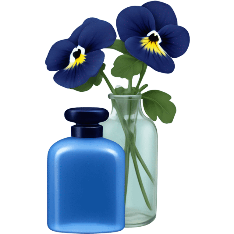 Decorative blue candle in a glass jar and in the back are navy blue pansies and a blue vintage-style perfume bottle  emoji