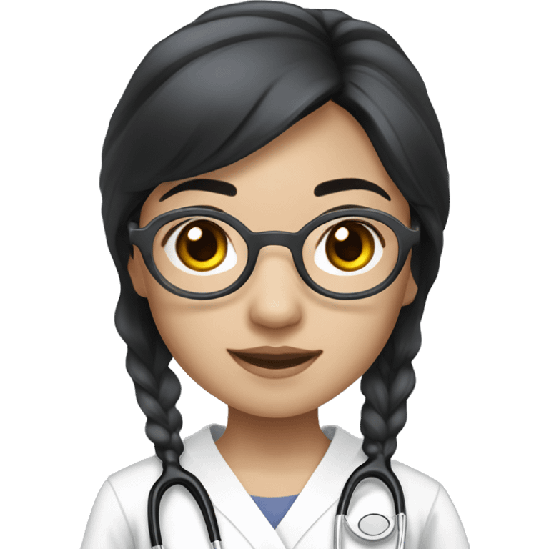 Asian girl, with white skin tone, black hair, wearing silver round harry potter glasses and a white scrub and a stethoscope  emoji