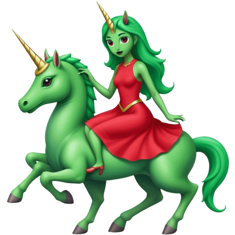 "reptilian green alien woman" in "red dress", rides unicorn
 emoji