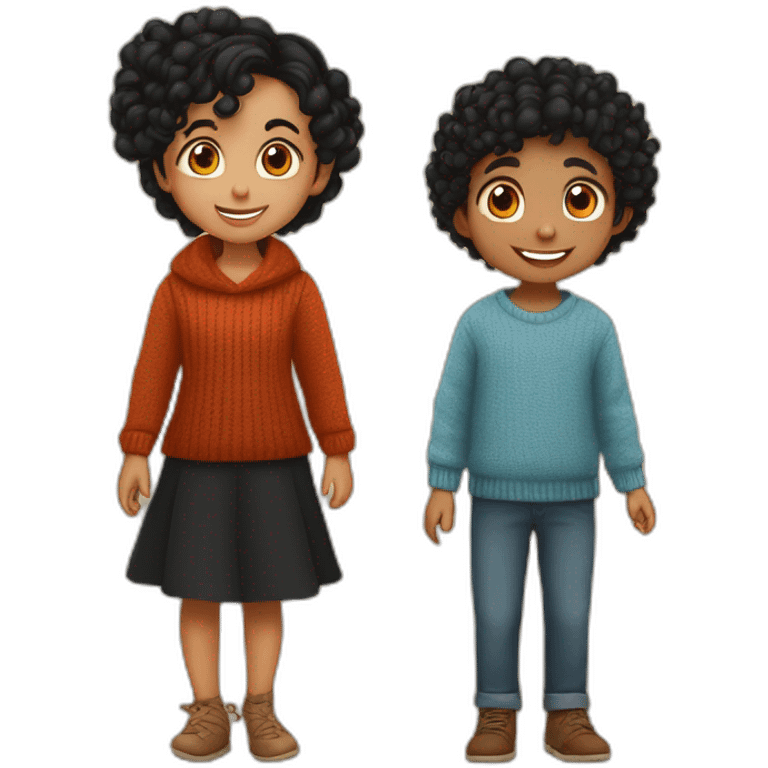 smiling 3 years old indian girl with black curly hair in pigtails wearing a orange dress and smiling 3 years old indian boy with black hair wearing a dark red sweater emoji