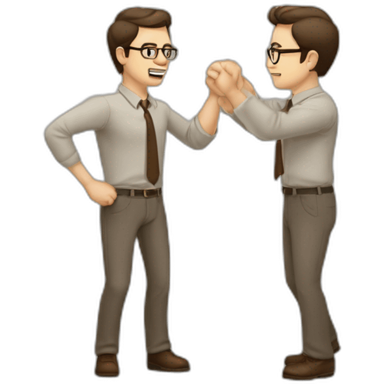 To belt Actively gesturing with hands Pale skinned fit man teacher with dark brown hair in gray jacket, beige office shirt, brown tie, brown pants and vintage glasses. emoji