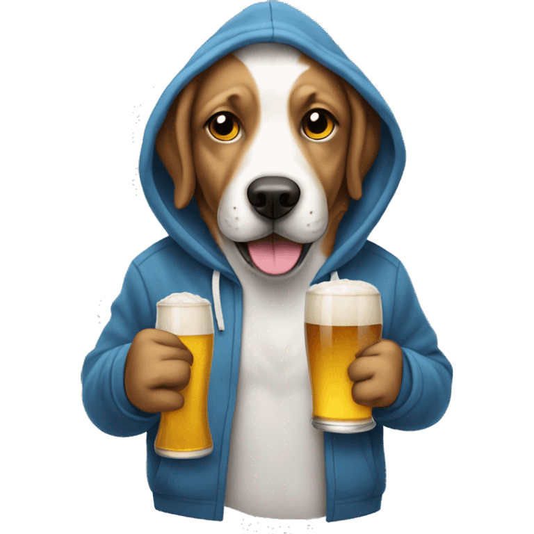 Dog wearing a hoddie with a beer emoji