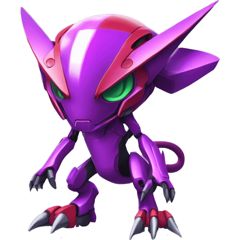 a shiny purple-red Genesect-Raptor-Fakémon—hybrid with a futuristic visor-helmet full body emoji