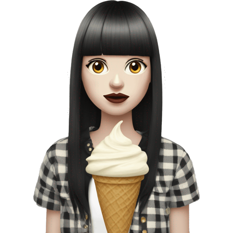 Portrait chanel clothes Girl pale skin with long black  bangs eating icecream  emoji