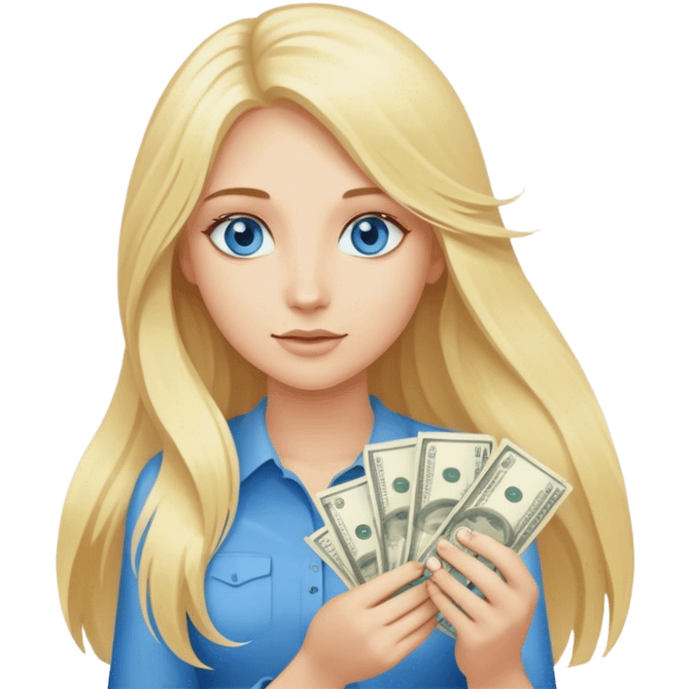 Cinematic realistic blonde with long hair, blue eyes holds money in her hands emoji