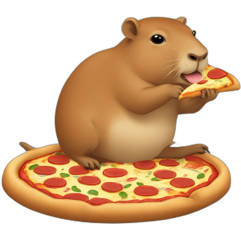 little capybara eating a pizza while riding on capybara emoji