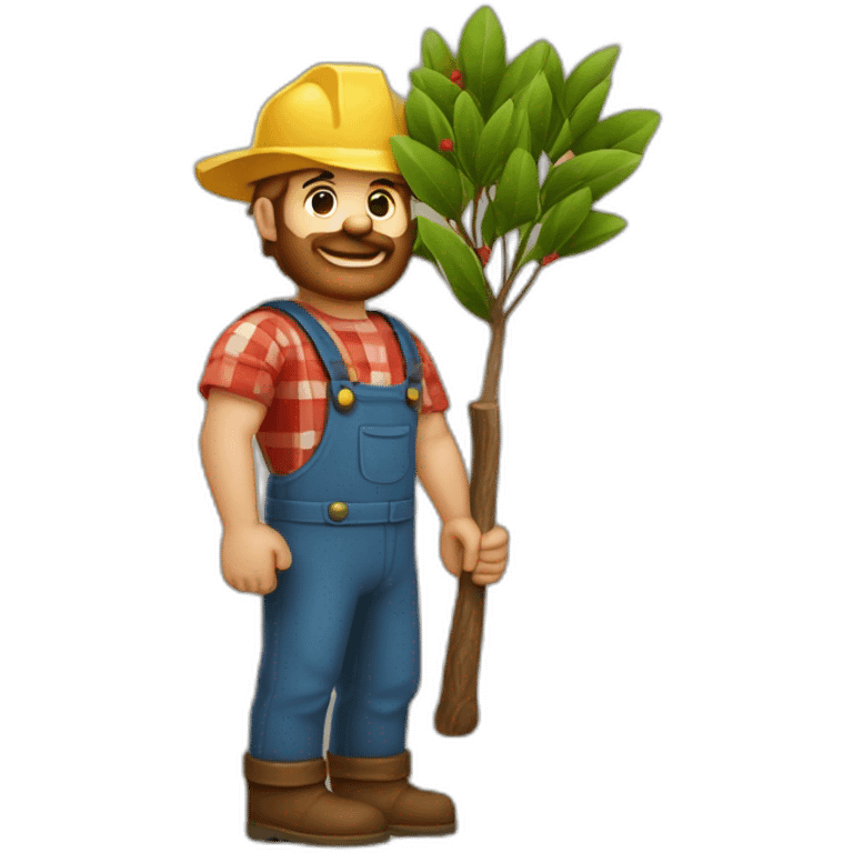 Lumber jack with a bay tree in one hand, and lumber held in the other hand emoji