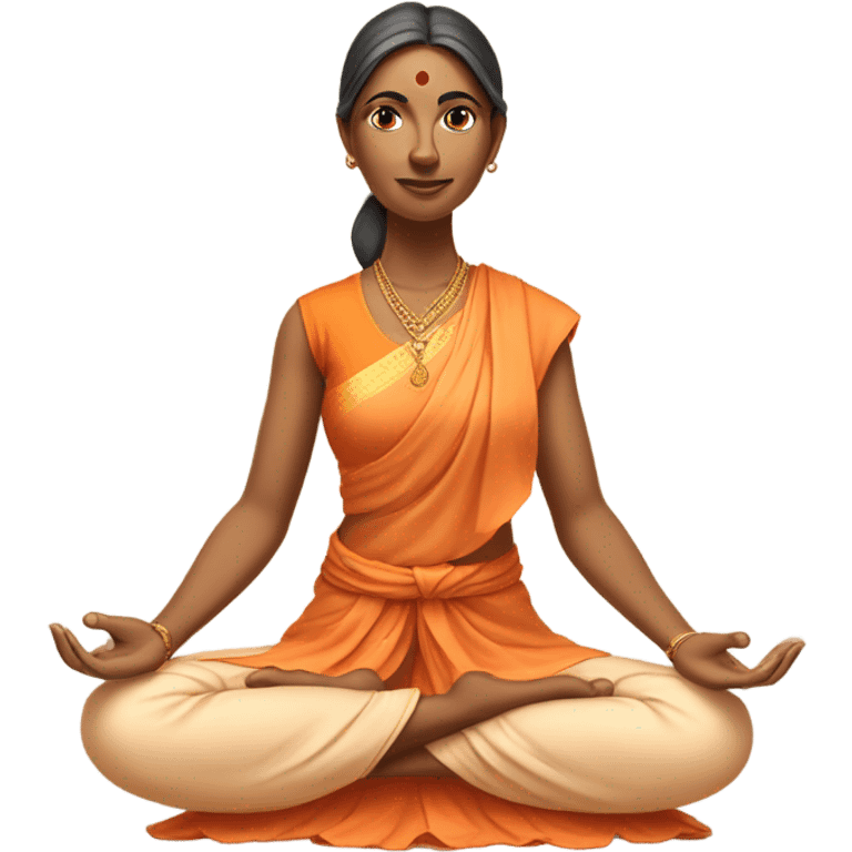 an  Indian woman, sleeveless pastel shirt
 yogi with a peaceful and meditative expression. The character should be wearing an orange robe, symbolizing traditional yogic attire. The yogi can be sitting in a lotus position emoji