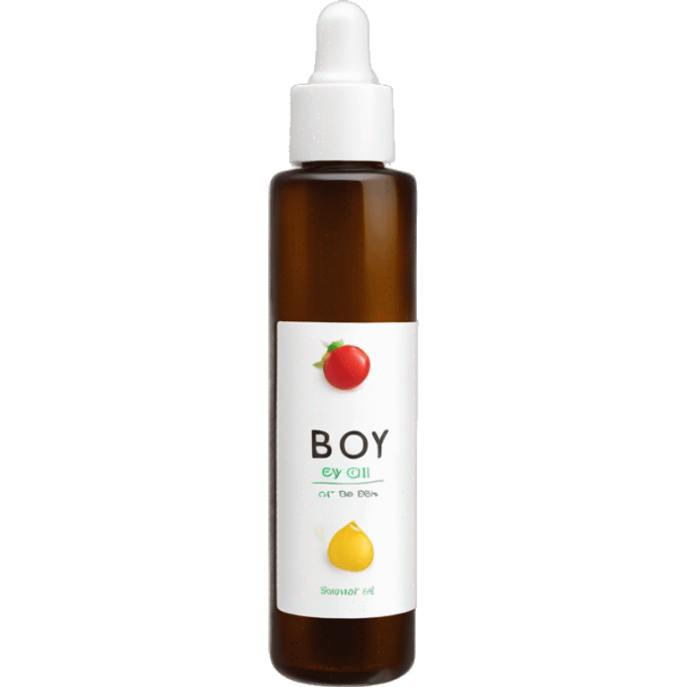 bottle of body oil with label emoji