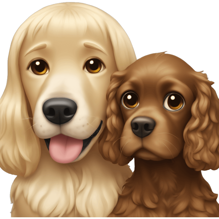 Blonde girl and brown hair boy hugs with cocker spaniel emoji