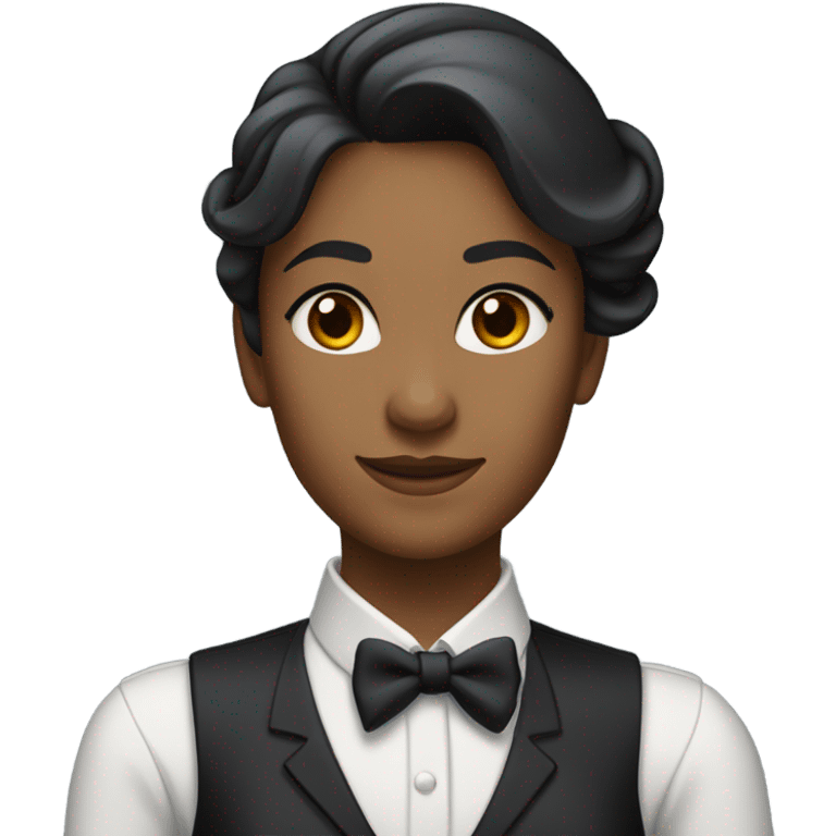 a female butler with a professional and elegant demeanor. She has her hair neatly tied in a ponytail and wears a classic butler uniform, including a tailored vest, crisp white shirt, and bow tie. emoji