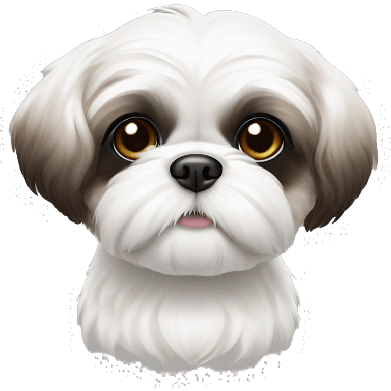 All white Shih tzu puppy with R eye brown and brown ears and black tips of ear emoji