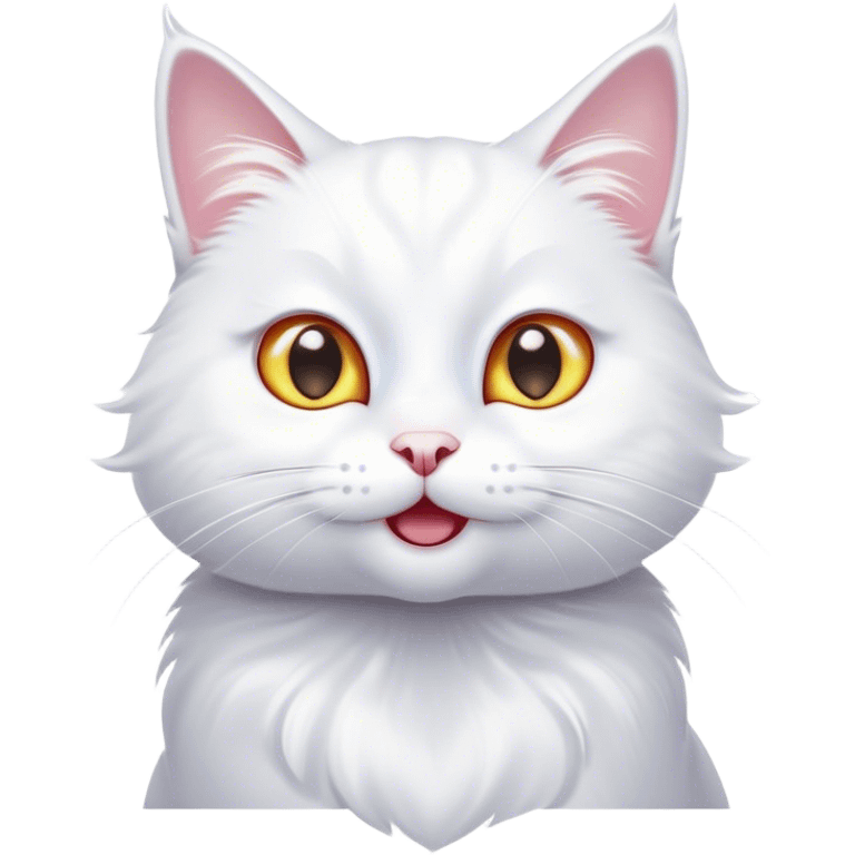 Cinematic Comical White Cat Portrait Emoji, Head tilted in an exaggerated, surprised manner with wide, sparkling eyes, showcasing a pristine white fur with subtle hints of silver and an animated, goofy expression, simplified yet whimsically detailed, glowing with a playful, bright radiance, high shine, exuding a lighthearted and comical charm, styled with a soft glowing outline, capturing the essence of a white cat that looks ready to prance comically off the screen! emoji