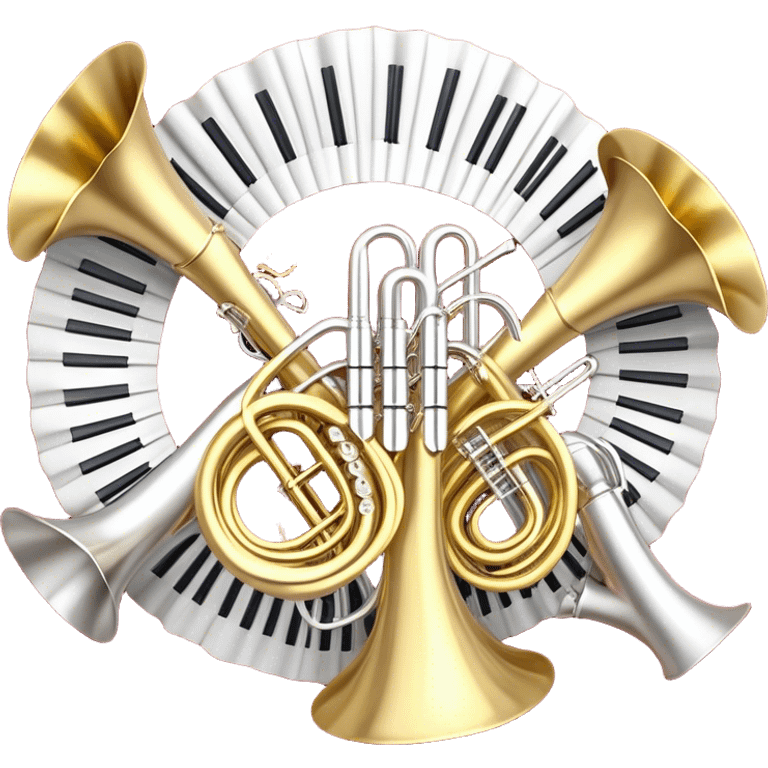 Create a festive and elegant emoji collage featuring a bouquet or fan of bells of wind instrument  (trumpets, saxophones, trombones, tubes, etc.) arranged in a radiant, symmetrical pattern. The instruments should have polished, golden and silver finishes, with their large, shiny bells forming a beautiful, fan-like display. Include a flowing ribbon of musical notes swirling through the center, conveying movement and melody. The background should feature a deep red velvet texture, adding a touch of luxury and sophistication. The overall composition should be balanced, with an elegant and regal feel, with a transparent background to keep focus on the instruments and musical elements. emoji