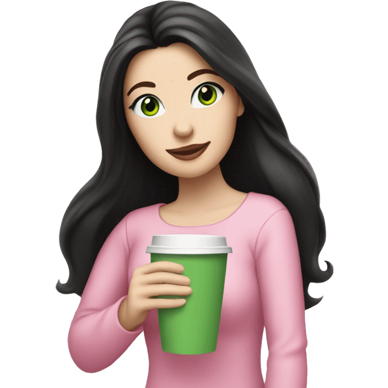 pretty woman with pale skin, very long black hair and green eyes and light pink outfit holding a pink coffee cup emoji