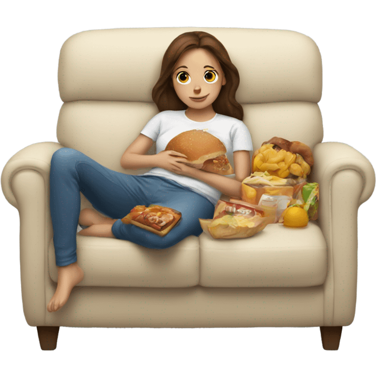 Girl with brown hair laying on couch with a food baby emoji