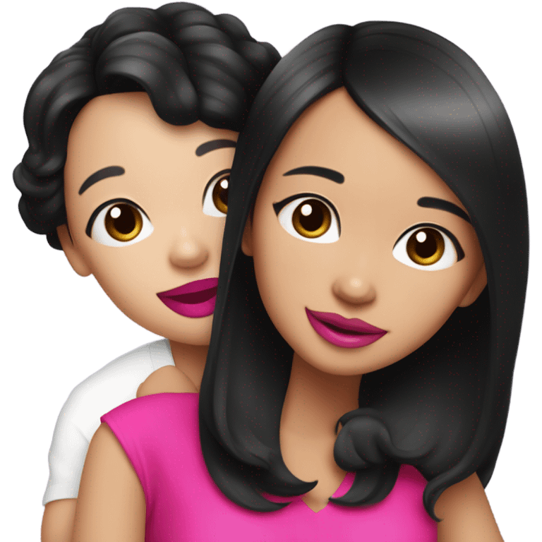 Thick medium black hair with hot pink lips and pink cheek smiling Filipino lady hugging black and white Chihuahua  emoji