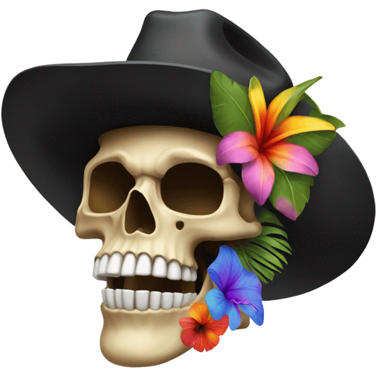 Realistic side view of a skull in a black cowboy hat on decorated with tropical flowers. emoji