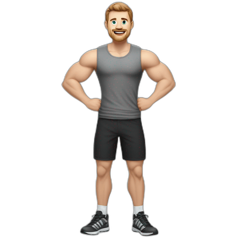 Full height realistic Actively gesturing with hands Pale skinned Fit Man With the biceps and brown hair in dark gray Sleeveless Mike, black oversize sports shorts, watch and white Sneakers emoji