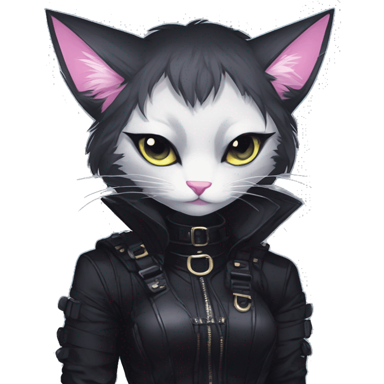 Gorgeous furry gothic dark techwear anime style anthro black cat furry with blushing face aesthetic and pretty edgy black with collar and harness trending style emoji