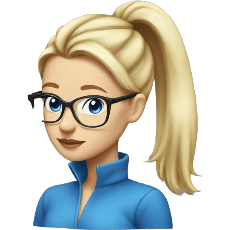  Blonde hair in a high pony tail on top of head, blue eyes, glasses, lady emoji