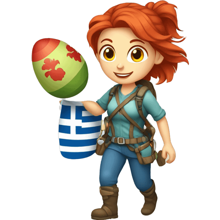 Female winter mountaineer red hair climbing with Greek flag and holding Easter eggs basket emoji