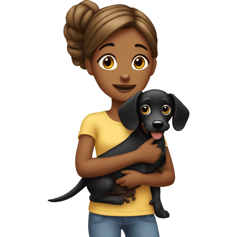 girl holding a black wiener dog ￼ emoji