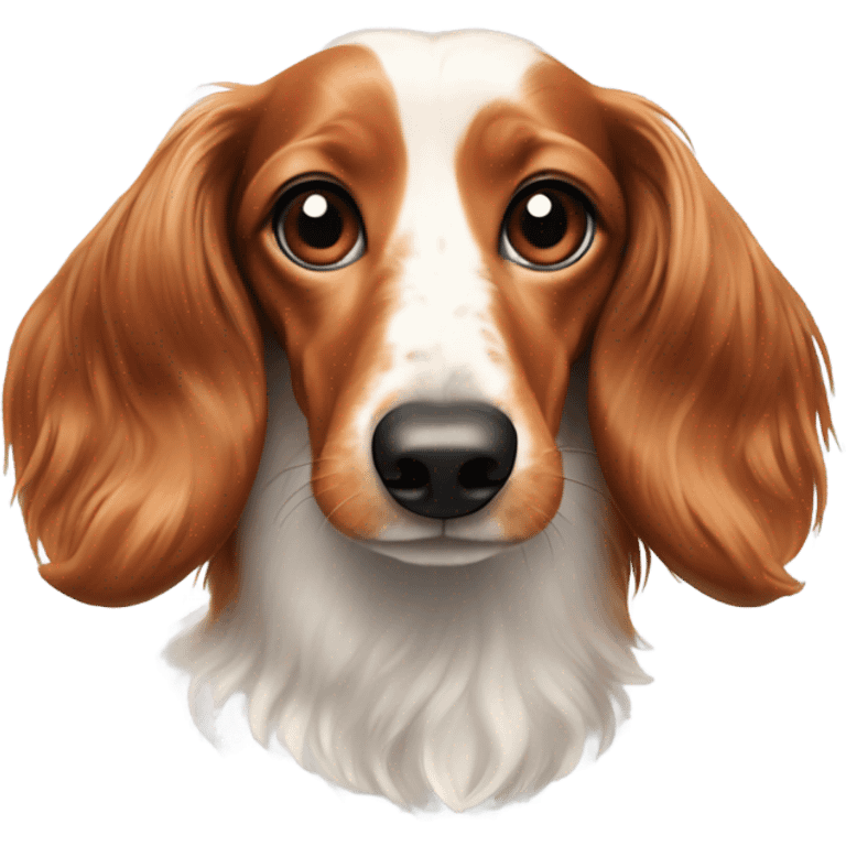 A long-haired marble dachshund stands red-haired emoji