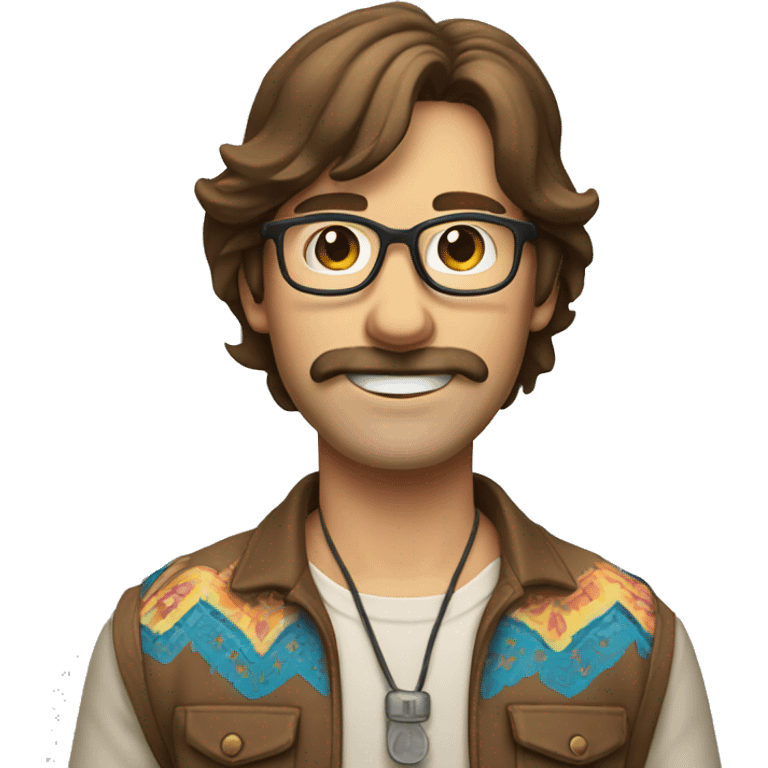 thin guy with shoulder length brown hair and mustache and smile and glasses wearing hippie clothes emoji