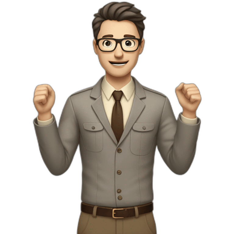 To belt Actively gesturing with hands Pale skinned fit man teacher with dark brown hair in gray jacket, beige office shirt, brown tie, brown pants and vintage glasses. emoji