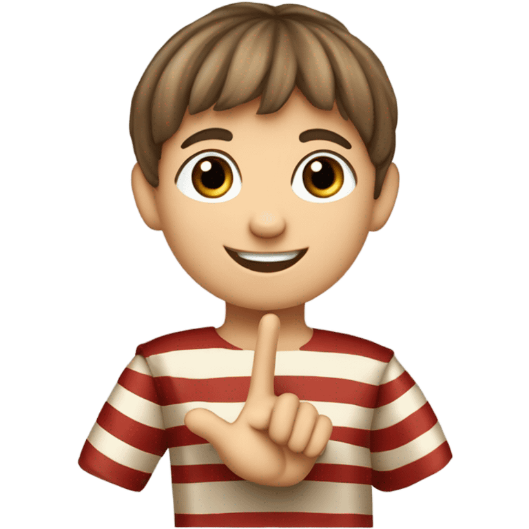 11th century european happy child with horizontal red stripes tunic making a "V" with his fingers emoji