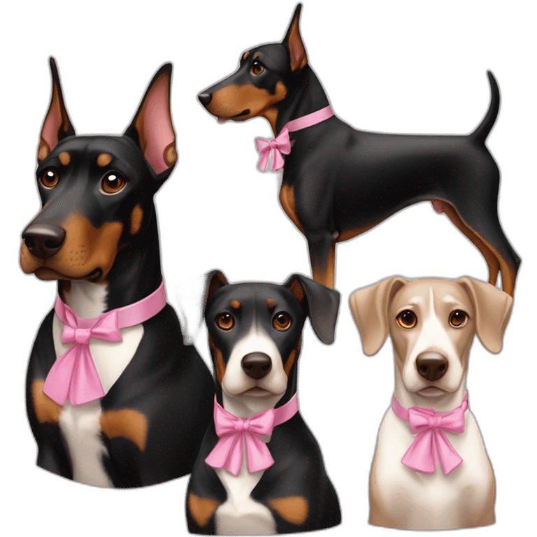 3-dobermans-including-white-one-with-a-pink-bow-tie-on-the-neck,-one-black-and-one-brown emoji