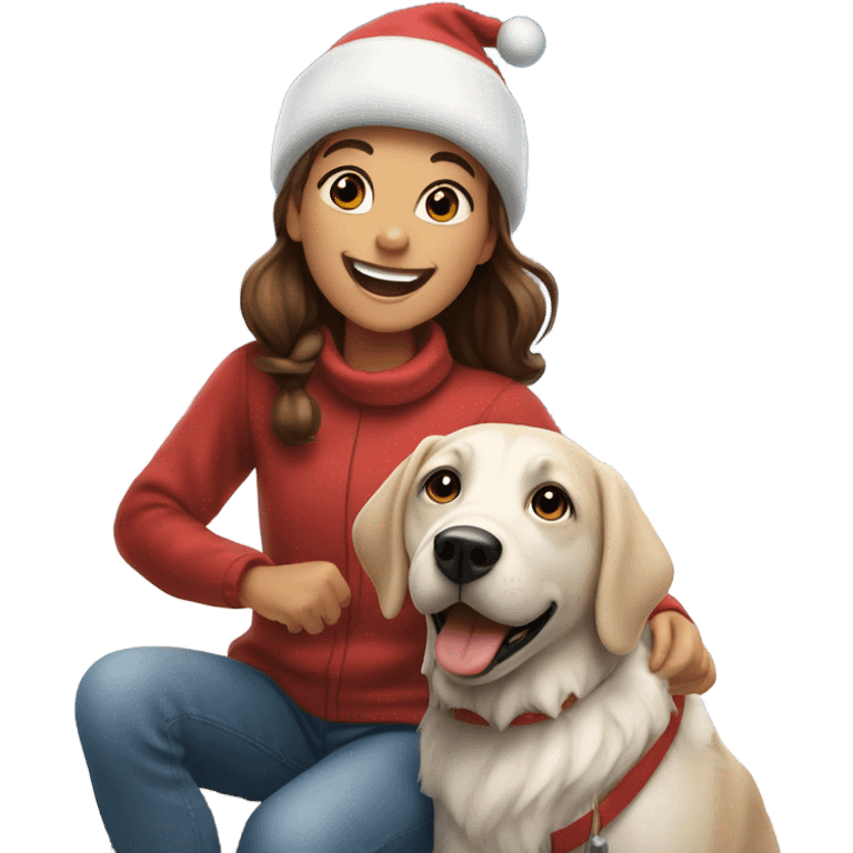 happy girl with dog outdoors christmas time emoji