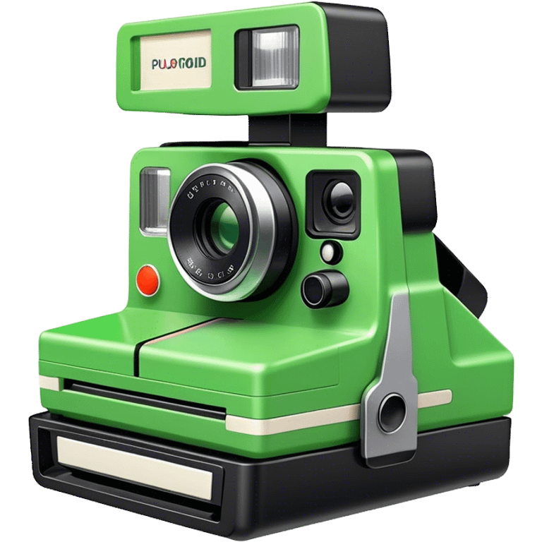 green polaroid camera with photo dispensing emoji