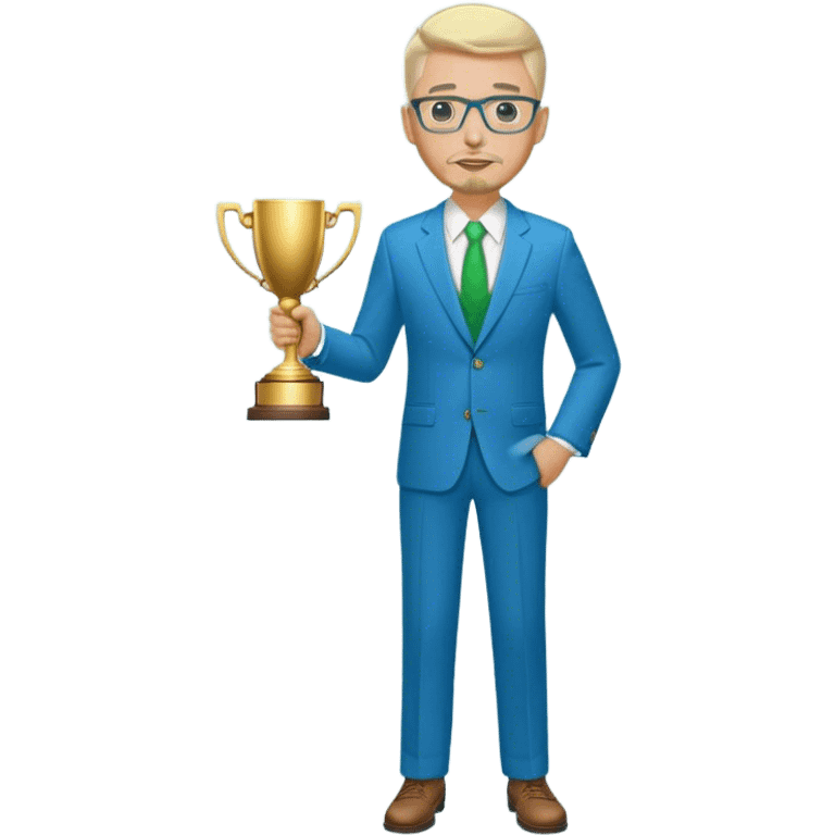 Full Body white fat male  wearing glasses with a goatee with light blonde gray very short hair basketball head Coach in blue and green suit holding trophy emoji