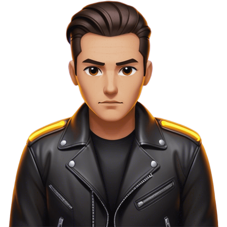 A lone biker with slicked-back hair, wearing a leather jacket, his face partially lit by neon lights emoji