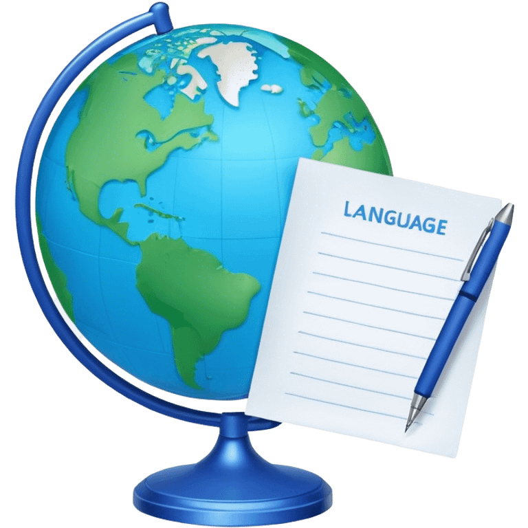 Create an emoji representing language translation. The design should feature a globe in the background, symbolizing international communication. In front of the globe, place two books or sheets of paper with texs on them and a pen nearby to indicate the act of writing. Use a clean and professional color palette with blues, greens, and neutral tones. Make the background transparent. emoji