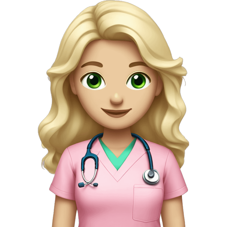 pale blonde girl with long wavy hair and green eyes wearing pink scrubs and stethoscope  emoji