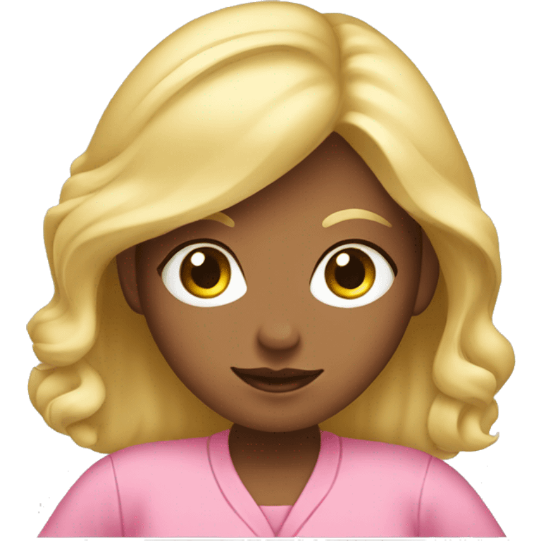 Blonde girl in pink pajamas working on a mac laptop emoji