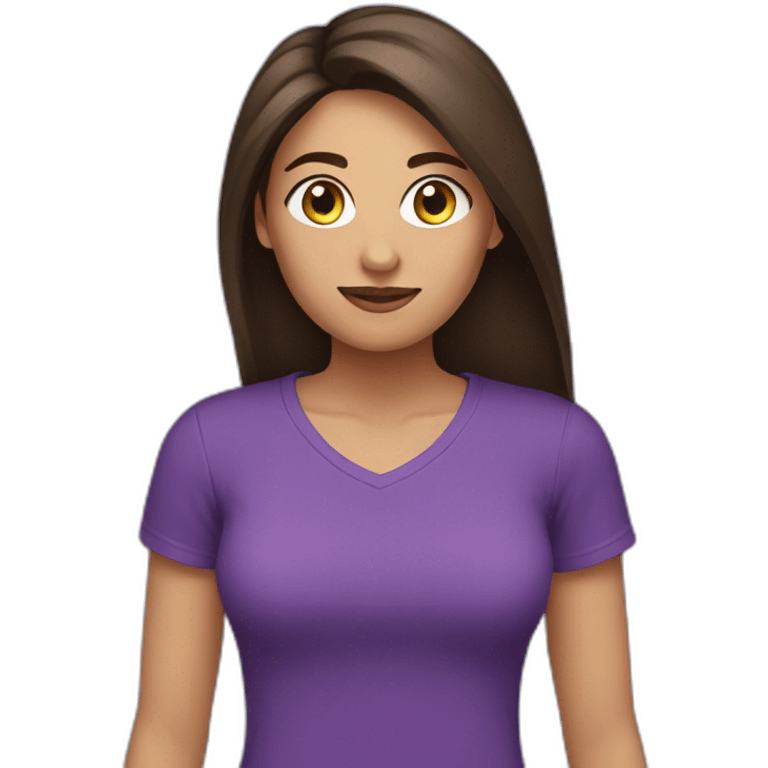 women,dark long brown hair,using purple tshirt whith letters "4tech emoji