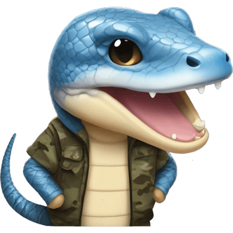 Blue tongue skink wearing camo hoodie and smiling emoji