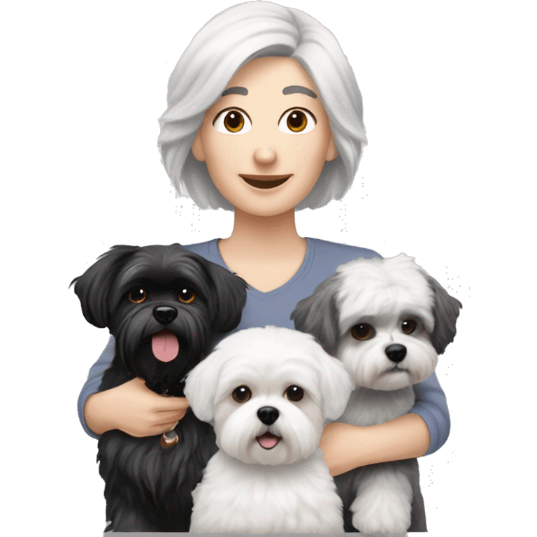 White women with short grey hair holding two dogs one black shih tzu and one white bichon frise emoji