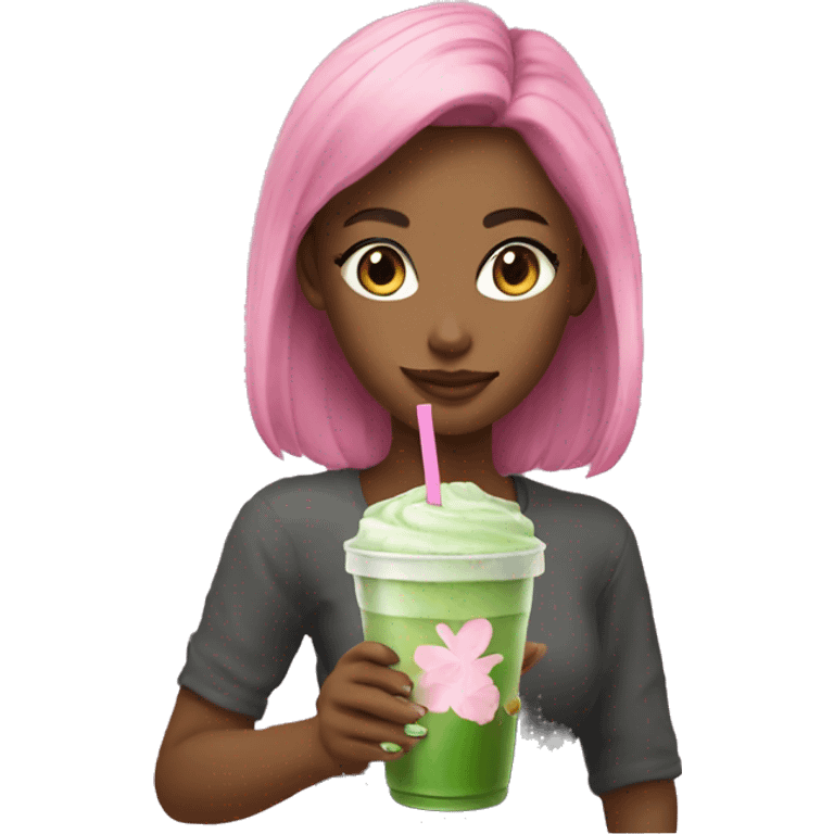 Pretty girl holding glass cup of iced matcha with pink straw  emoji